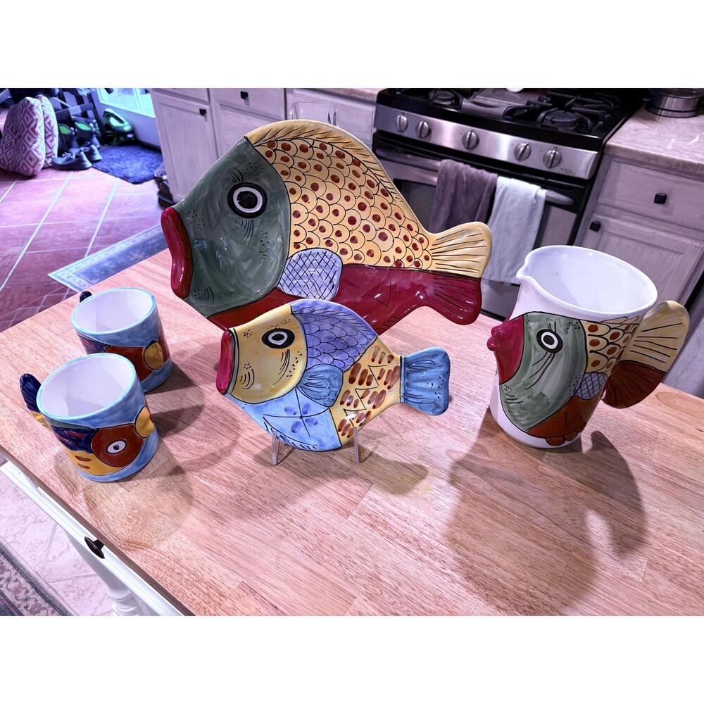5-Piece Hand-Painted Italian Set—Desuir for Vietri  Ceramic Fish Collection